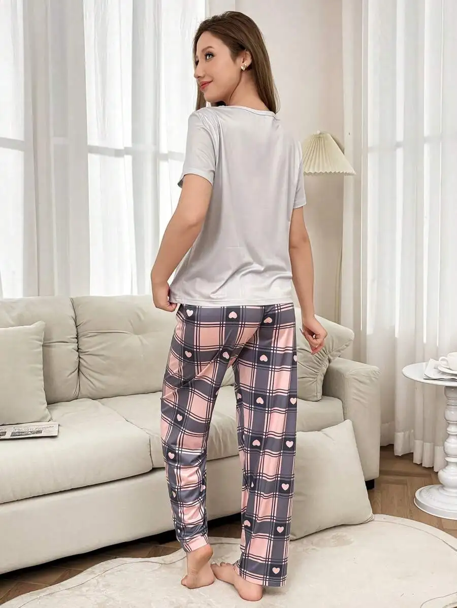 

Womens Round Neck Short Sleeve Pajama Set With Heart Plaid Print