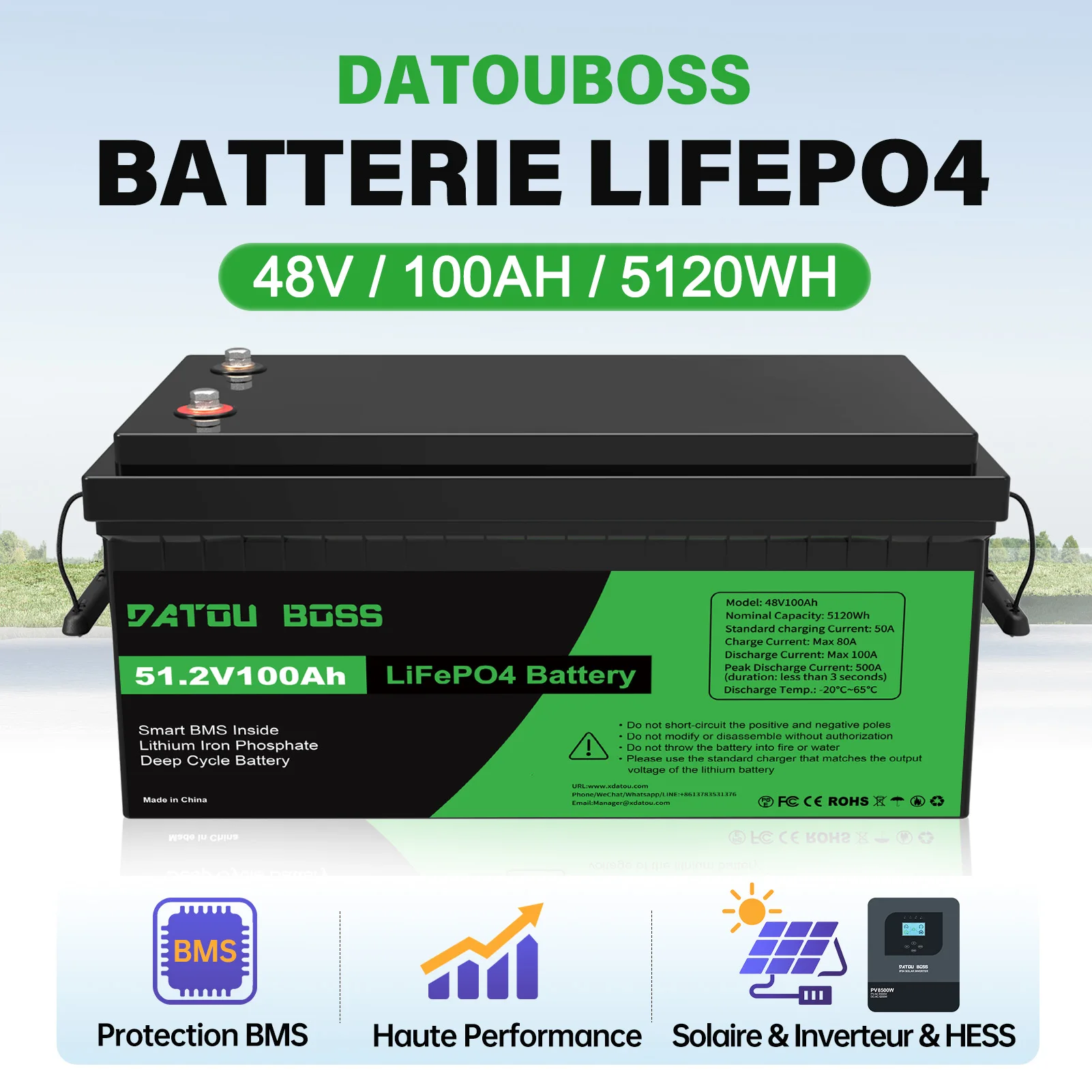 Batterie DATOUBOSS 48V 100Ah au phosphate de fer et de lithium (LiFePO4) 5120Wh à décharge profonde pour onduleur solaire, système HESS