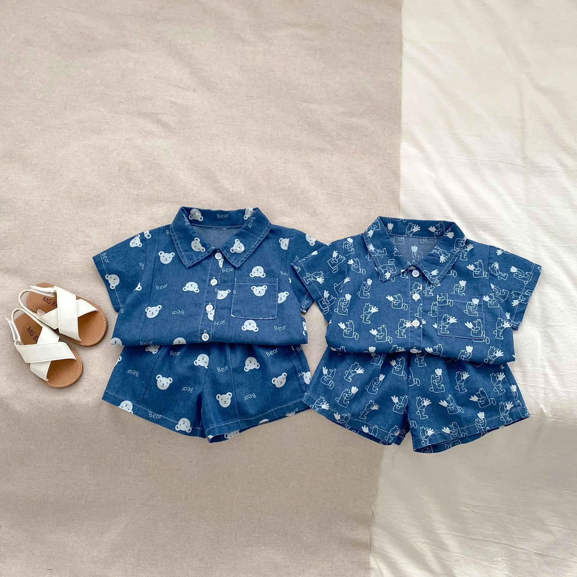2025 Summer Boys' Cowboy Set Cute Cartoon Collar Short Sleeved Shirt Shorts Children's Clothes Two Piece Set
