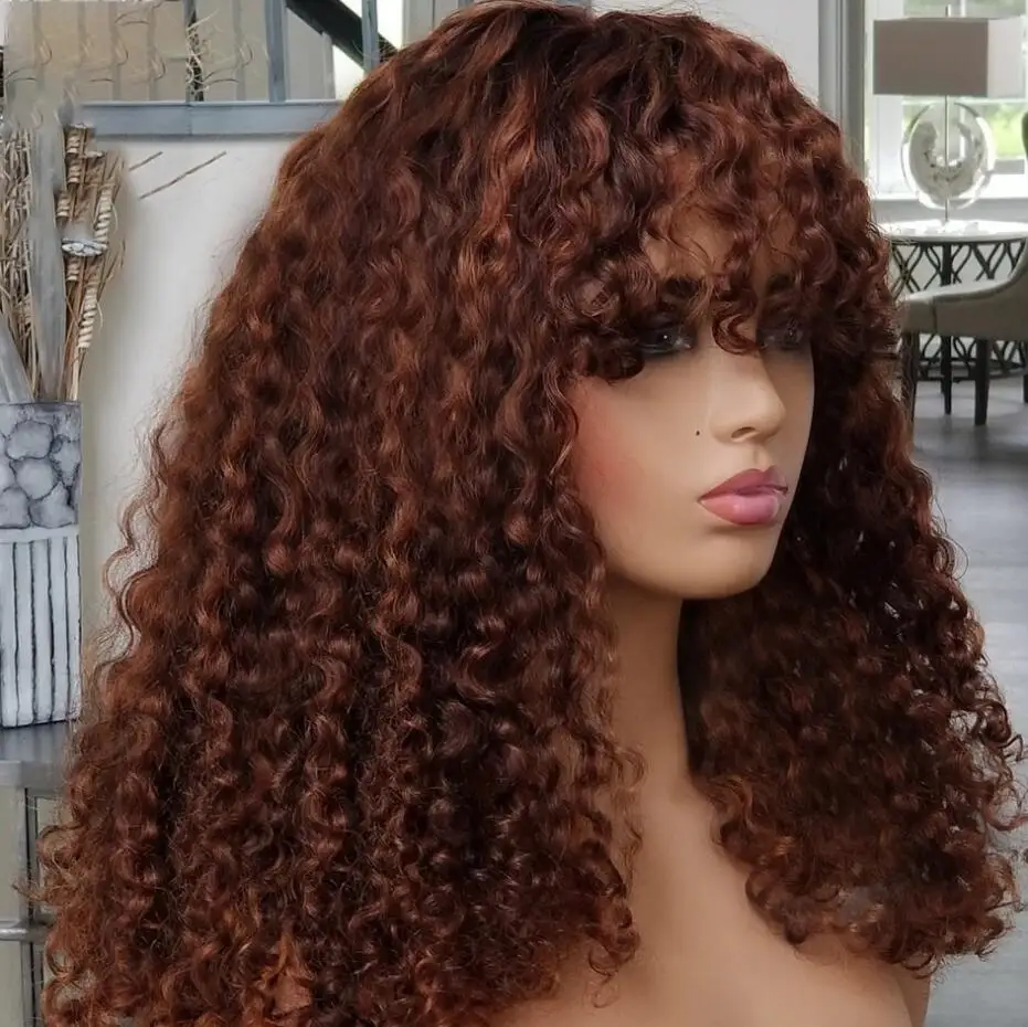 26 Long Machine Natural Brown Kinky Curly 180Density With Bangs For Women Babyhair Preplucked Heat Resistant Glueless Daily Wig