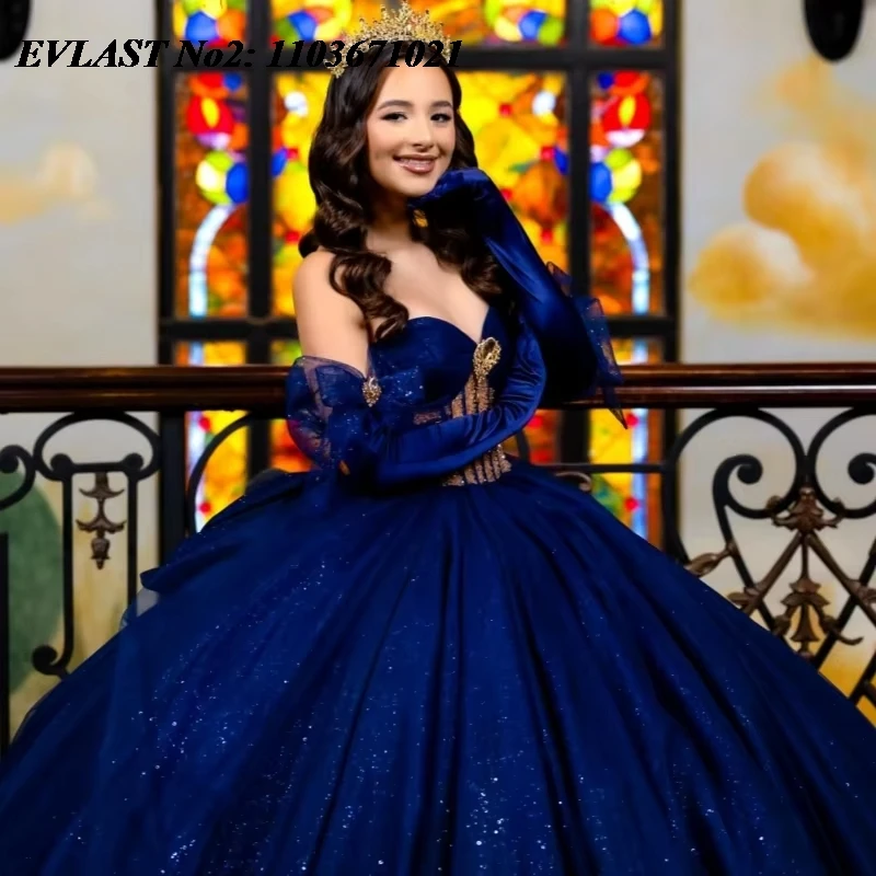 EVLAST personnalisé brillant bleu marine Quinceanera robe épaules nues paillettes appliques perles doux 16 robes De 15 Anos E2QA10