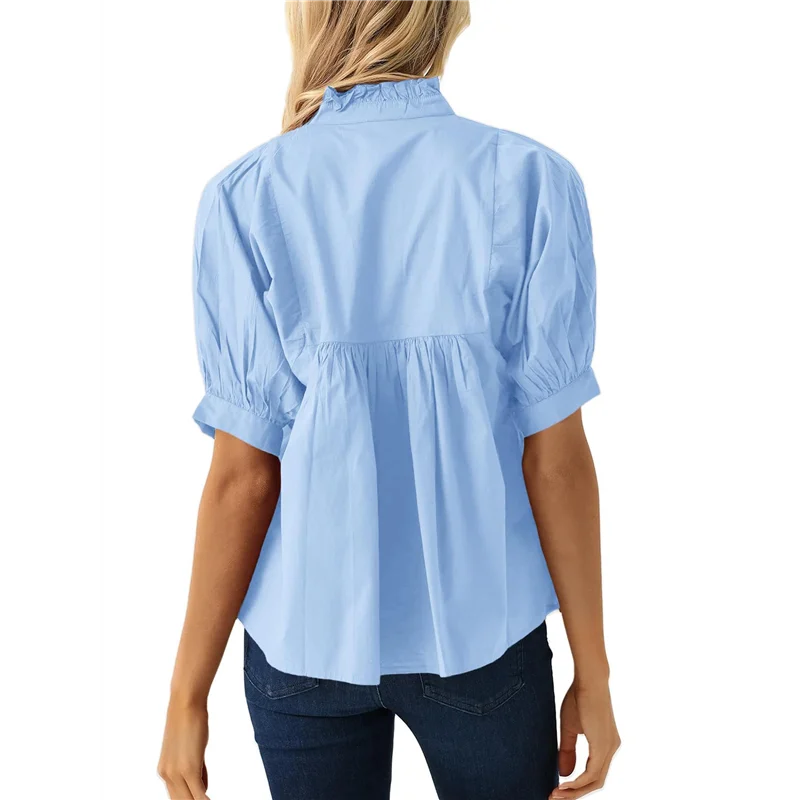 ASDS-Damska Bluzka z Bufiastymi Rękawami, Dekolt V, Babydoll, Top z Baskinką, Elegancka Codzienna Plisowana Luźna Koszula