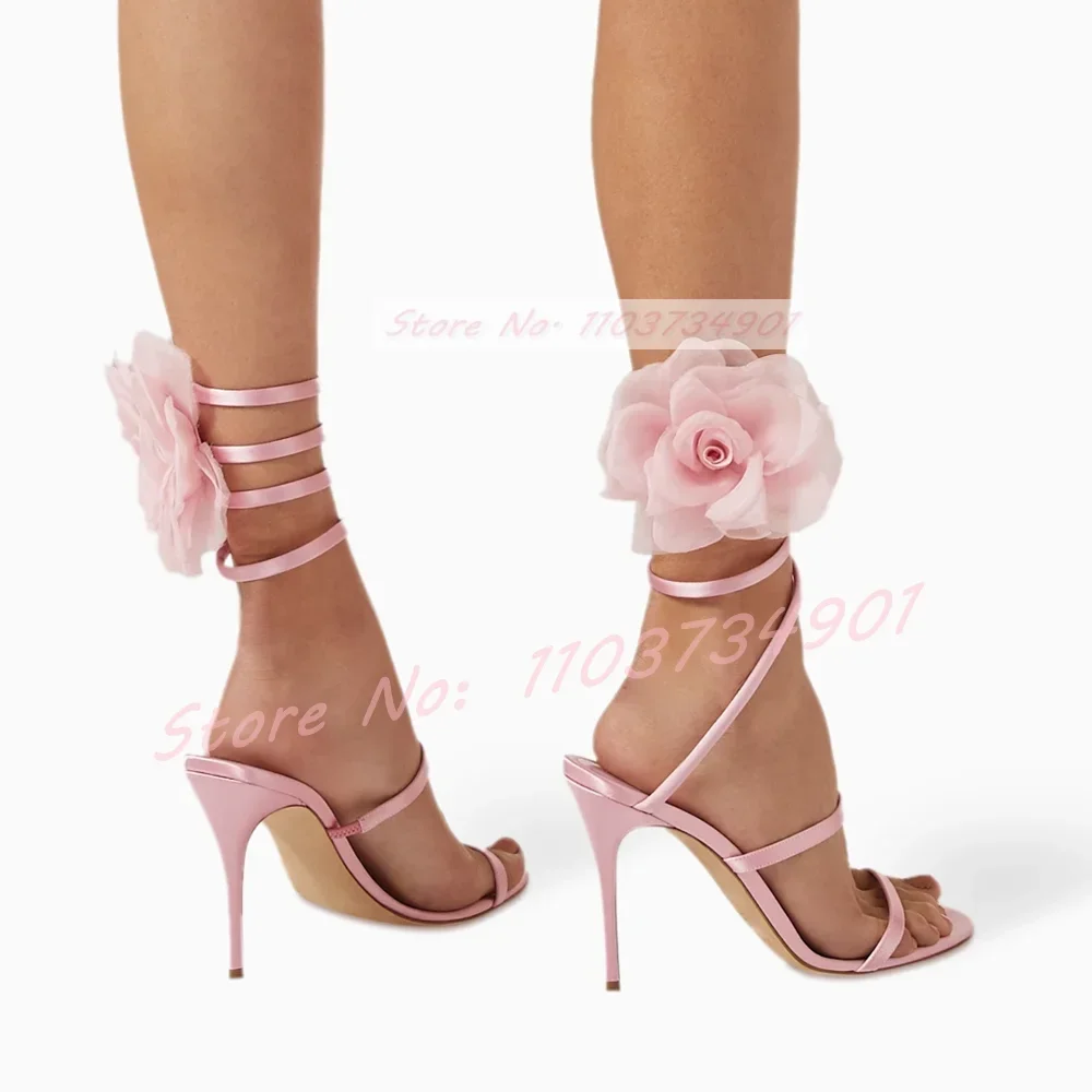 Pink Lace Flower Fairy Cross Strap Sandals Women Elegant Satin Round Toe Stiletto Shoes Ladies Luxury Fashion High Heels Sandals view 6