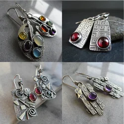 New Large Geometric Metal Dangle Earrings For Women Purple Stone Asymmetrical Earring Female Retro Jewelry Free Gift Wholesale