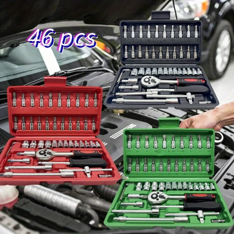 Conjunto de ferramentas profissionais de alta resistência com 46 peças, incluindo chave de fenda com catraca de vários tamanhos, ferramentas para reparos de mecânicos automotivos e manutenção de veículos.
