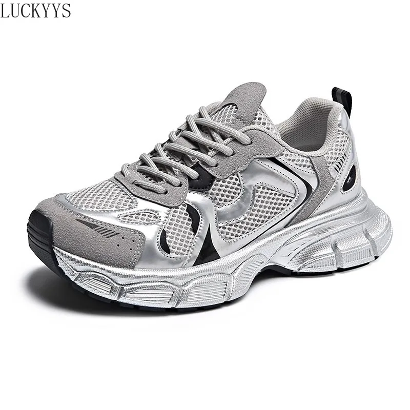 Dad's Shoes Female 2024 Spring New Thick Sole Round Head Mesh Casual Shoes Silver Fashion Sports Shoes Wholesale Tenis Feminino