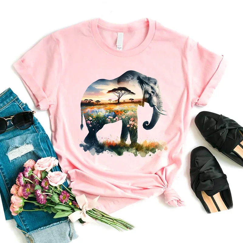 Watercolor Elephant Nature Animal Printed Tshirt Girls Funny Pink T Shirt Women Casual Art Aesthetic Clothes Summer Tops T-Shirt