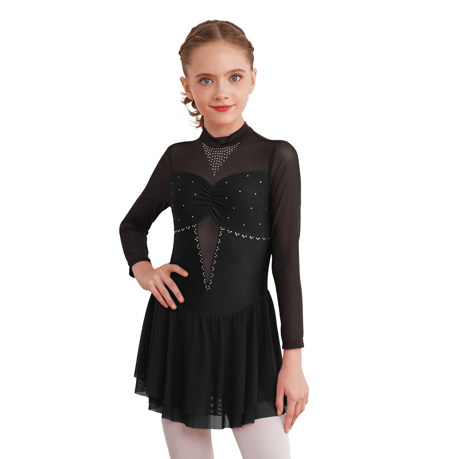 Robe de danse tutu de ballet pour filles, manches longues, biscuits brillants, patchwork, patinage artistique, justaucorps AqLeotard, vêtements de danse de salon, enfants