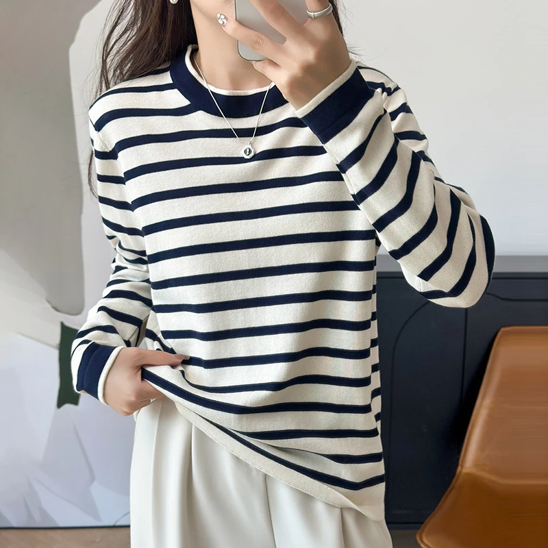

100% pure cotton women's O-neck striped shirt, long sleeved knitted casual solid color pullover, spring and summer clearance top
