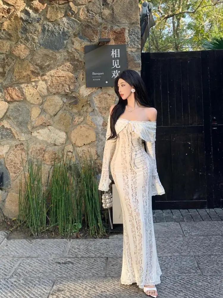 

Vintage Women White Lace Sexy Long Sleeved Off Shoulder Wrap Hip Dress Autumn Slim Elegant Backless Vacation Party Dress Popular