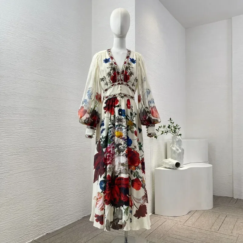 

Pure Silk White Black Midi Dress for Woman Portia Style Flowers Print Long Sleeve Diamonds Deep V Neck 2024 High Quality