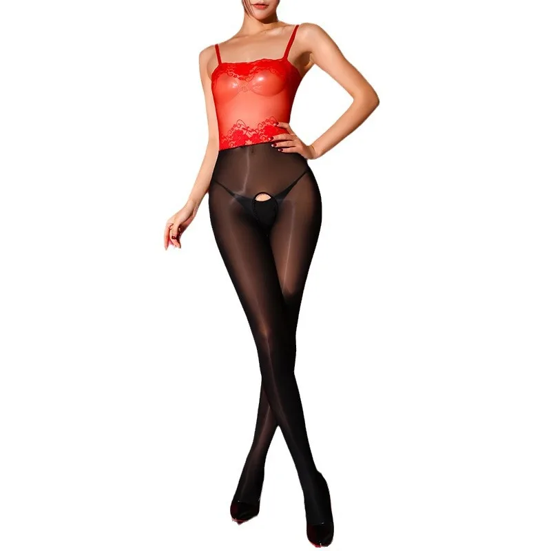 Women Sexy Tube Top Suspenders Bodystockings Lace Transparent Oil Shiny Stockings Ultra Thin Sheer Open Crotch Pantyhose