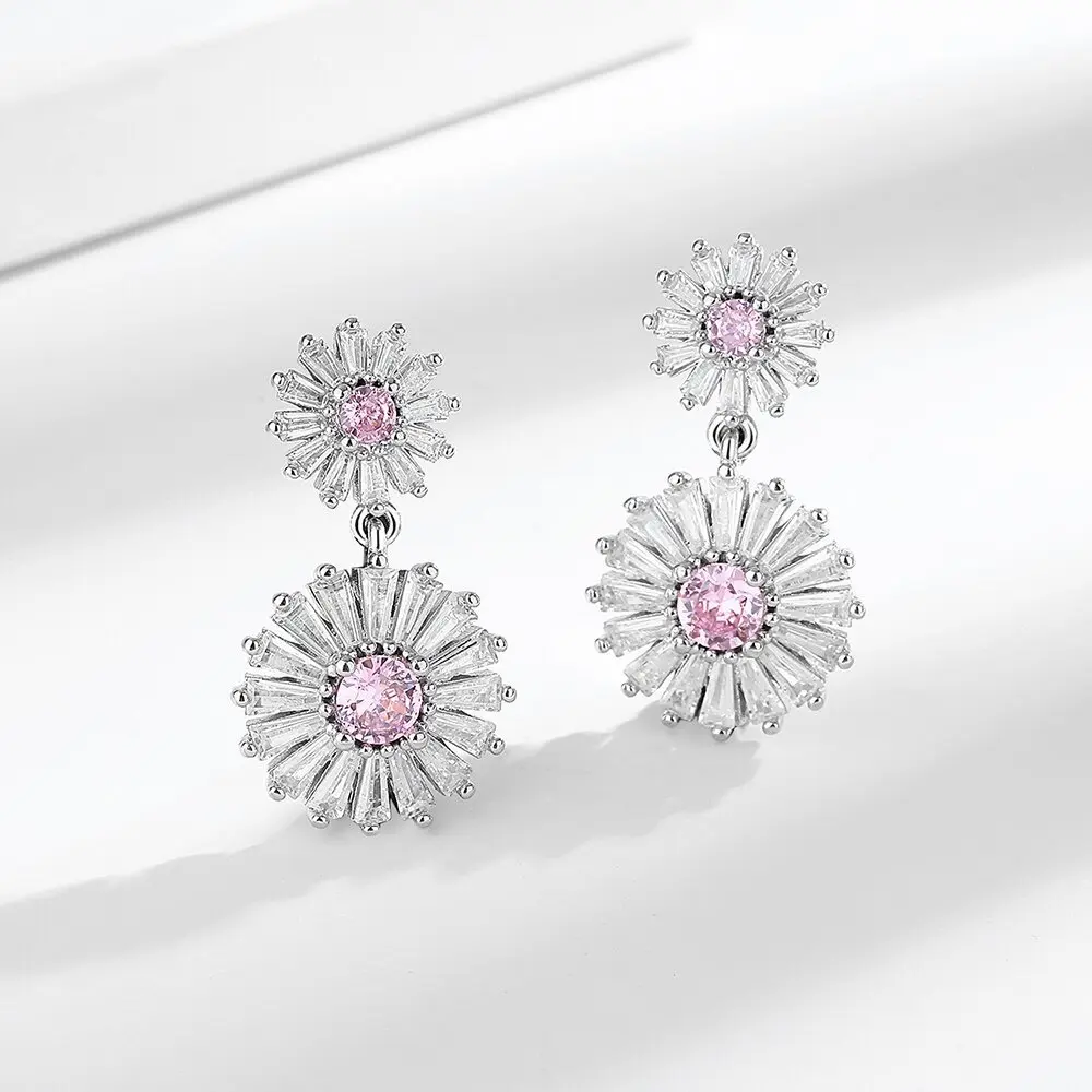 

Luxury AAA Pink Zircon Sunflower Shine 925 Sterling Silver Stud Earrings Elegant and Fresh Everyday Versatile