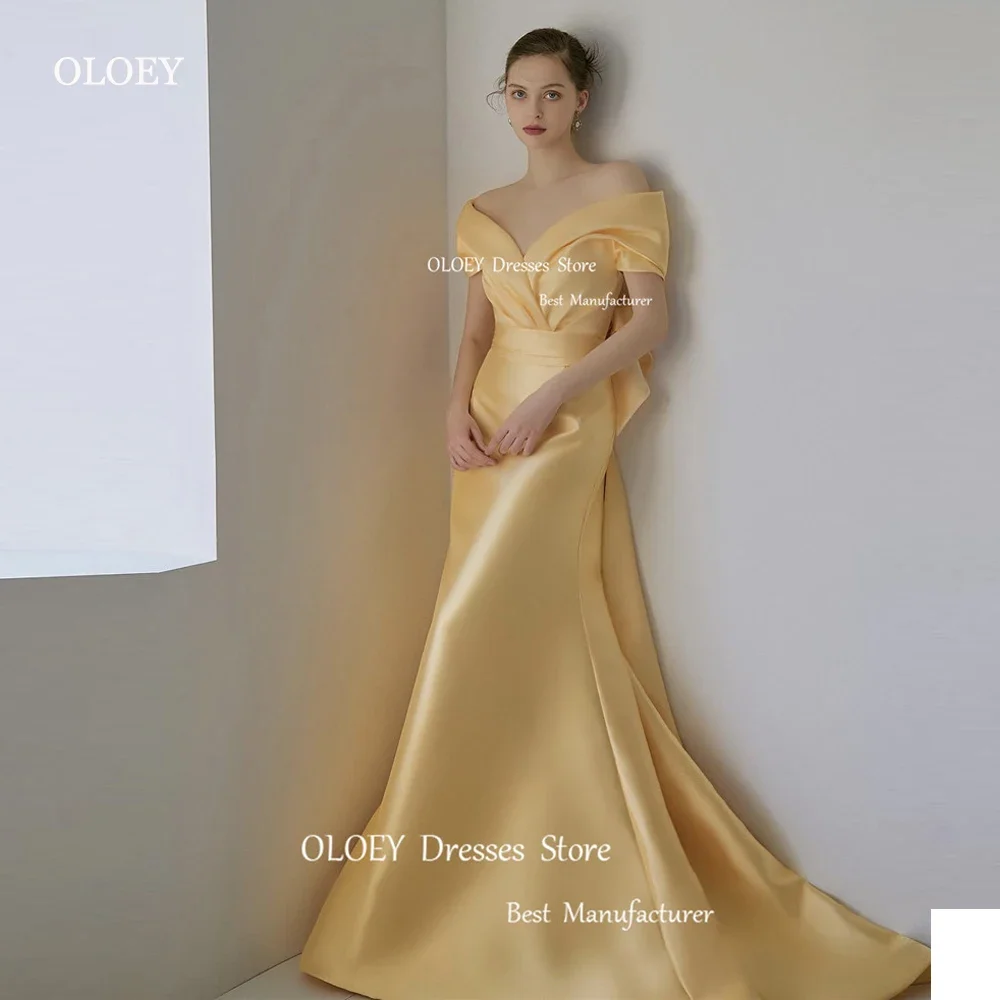 

OLOEY Charming Elegant Yellow Mermaid Evening Dresses Korea Lady Detachable Train Satin Long Prom Gowns Wedding Photo Shoot