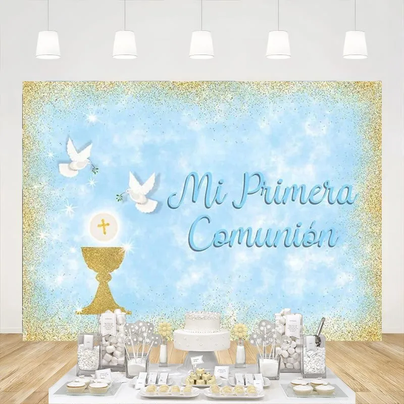 Baptism Backdrop God Bless First Holy Communion Christening Banner Blue Gold Glitter Chalice Photography Background Decoration