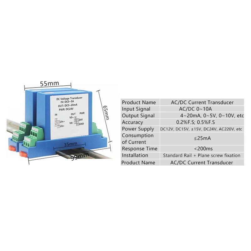 AC DC Voltage Transmitter Transducer 4-20mA 0-5V 0-10V Output DC 5-1000V Input Voltage Sensor 24V Power Supply