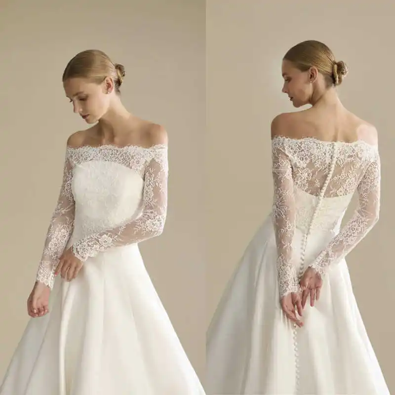 Customized Lace Women Wedding Bolero Long Sleeve Off Shoulder Illusion Bridal Wraps Jacket Custom Made
