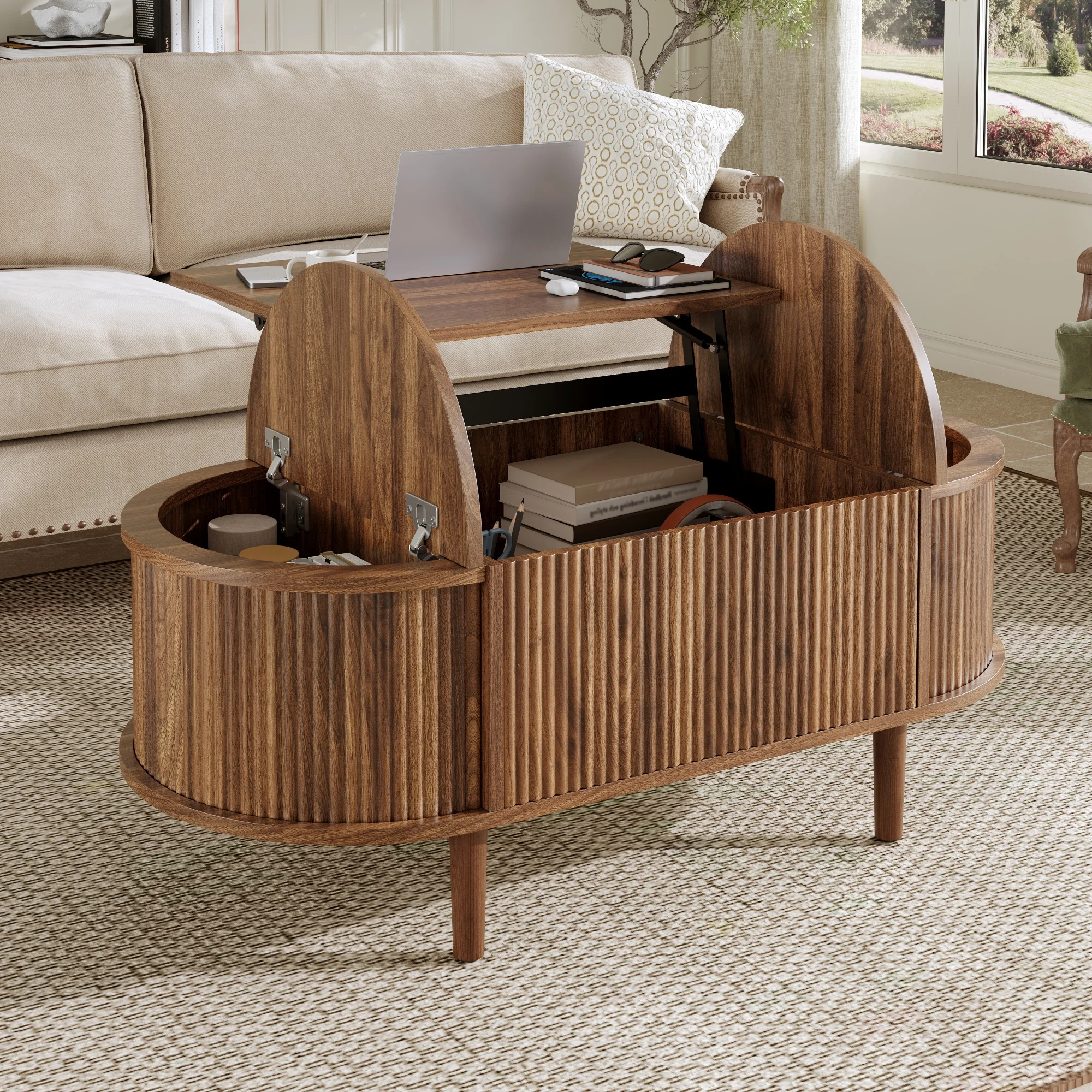 Ovaler, verstellbarer Couchtisch mit Stauraum, Vintage-Stil, Wohnzimmer-Couchtisch, multifunktionaler Aufbewahrungstisch, Beine aus Massivholz