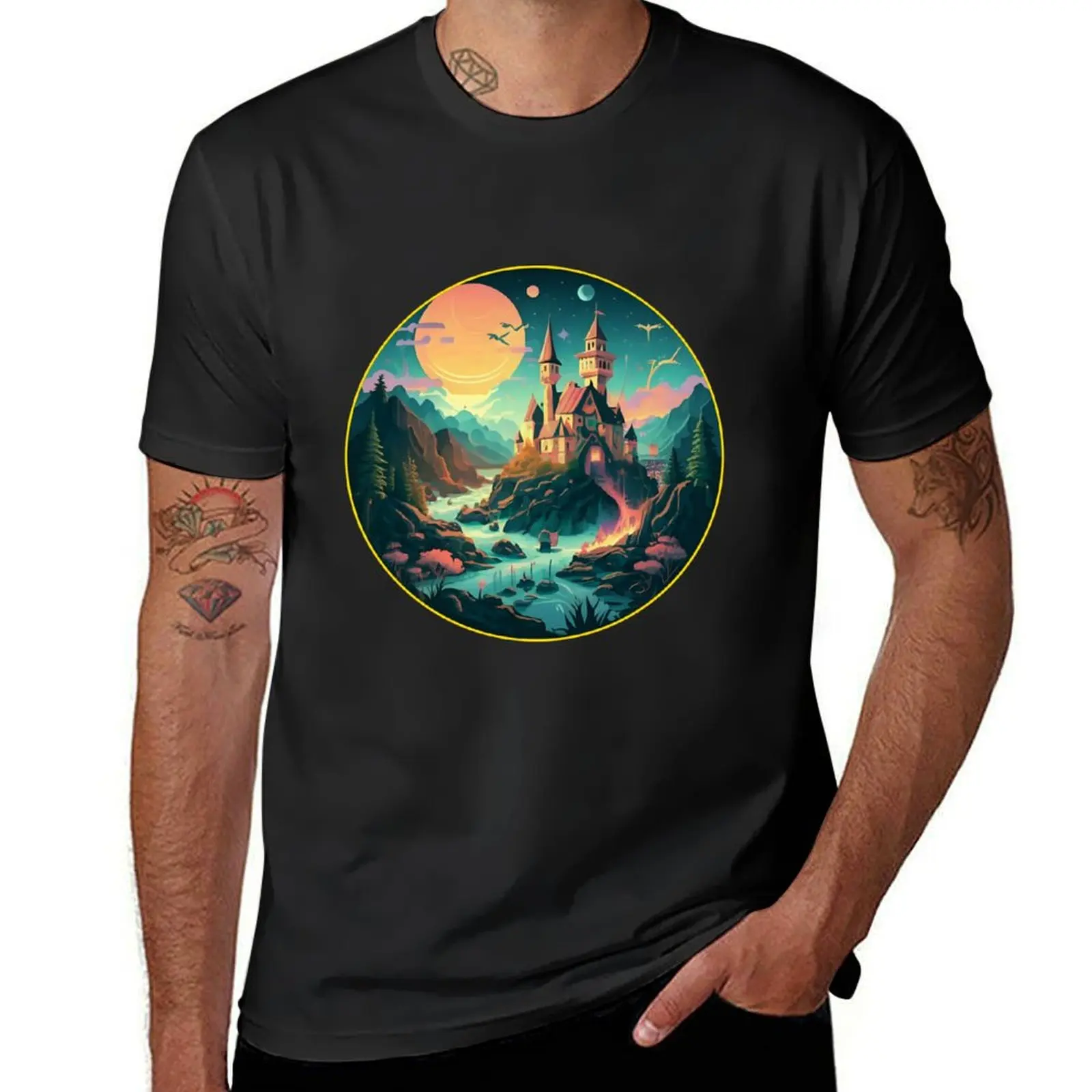 a fantasy landscape complete, castles, and magical elements. sticker, T-Shirt Blouse oversized plain black t shirts men