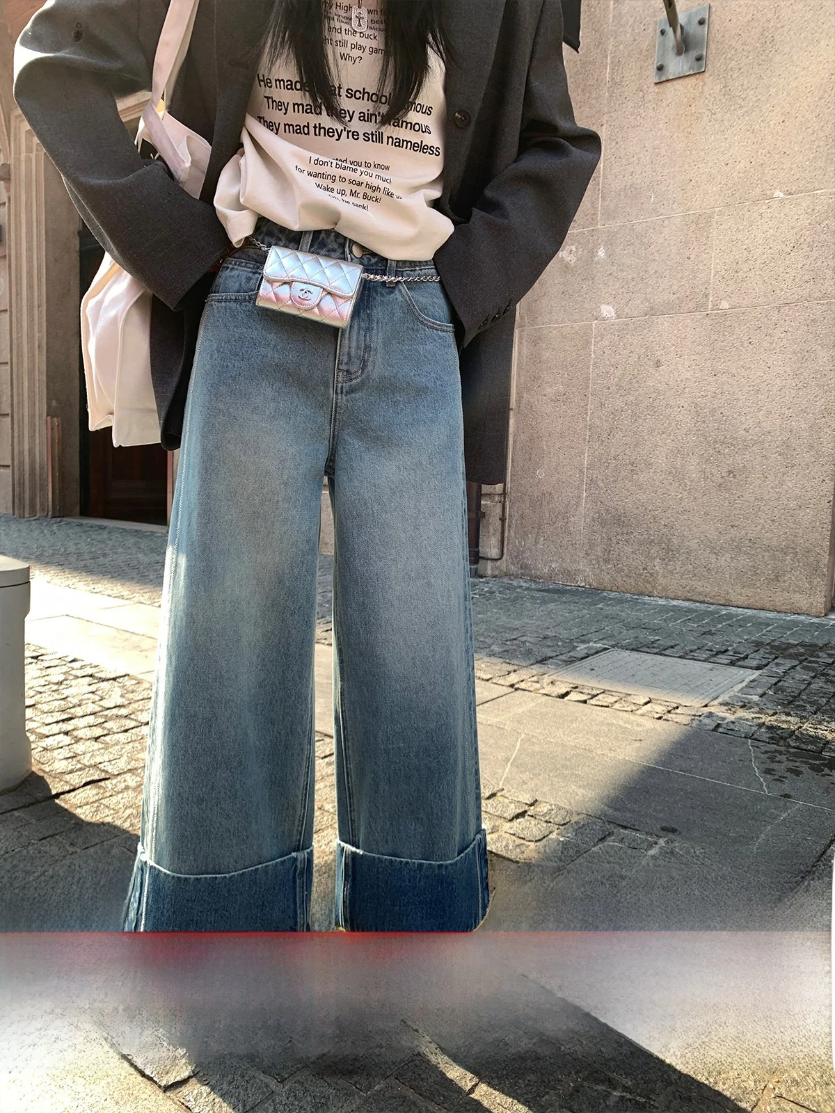 

Женские джинсы с высокой талией и широкими штанинами, летние, новые, с отворотами, прямого кроя, свободные, в стиле ретро, повседневные, с высокой талией