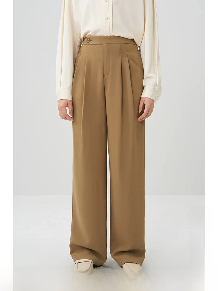 

Slimming High Waist Trousers Women's Casual Double Pleat Drapey Straight Leg Pants Commute Style Pocket Detail Natural Waist