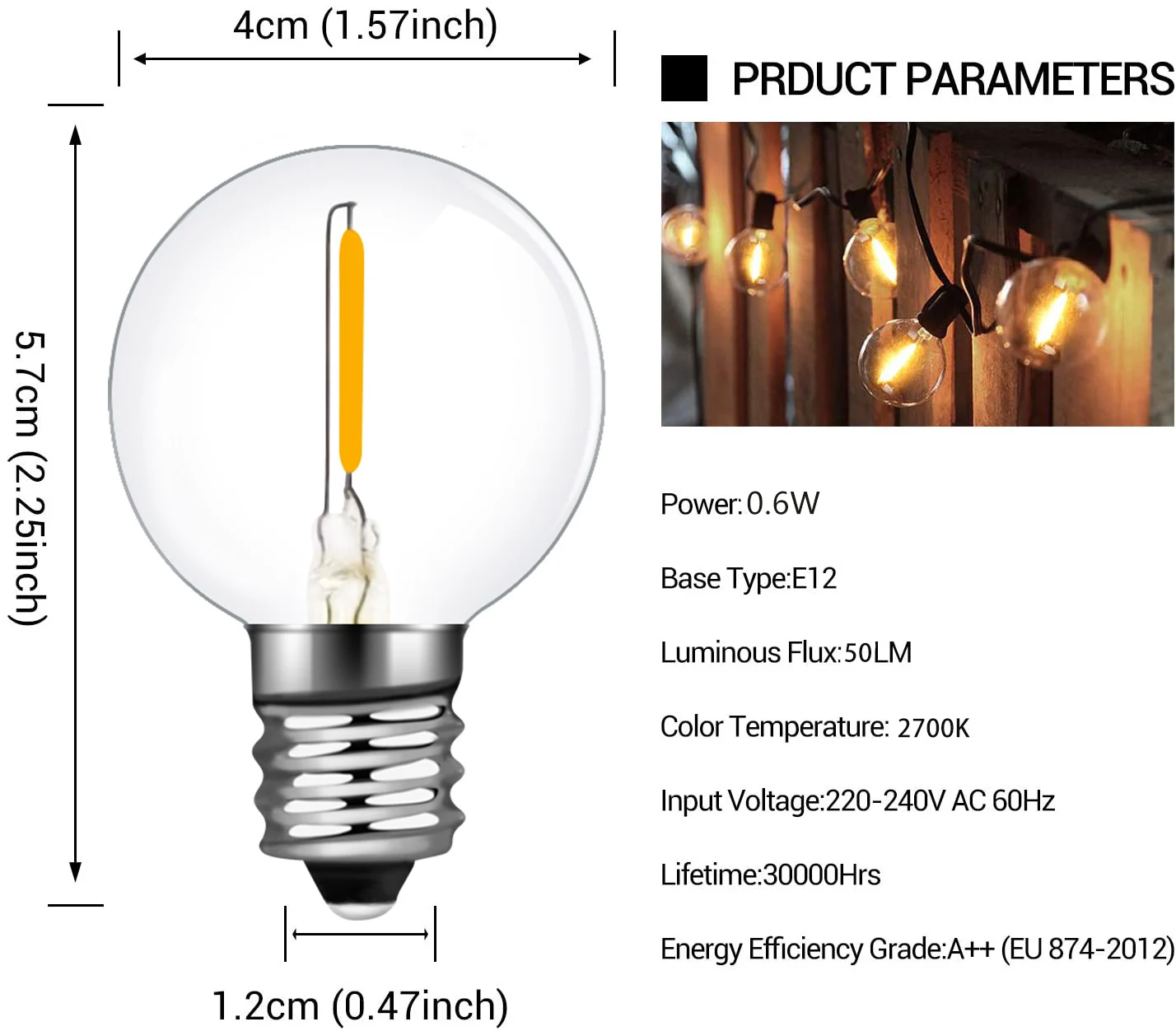 25PCS G40 0.6W LED String Light Replacement Bulb E12 220V Warm White 2700K LED Lamp Replace For Home Garden Bulb