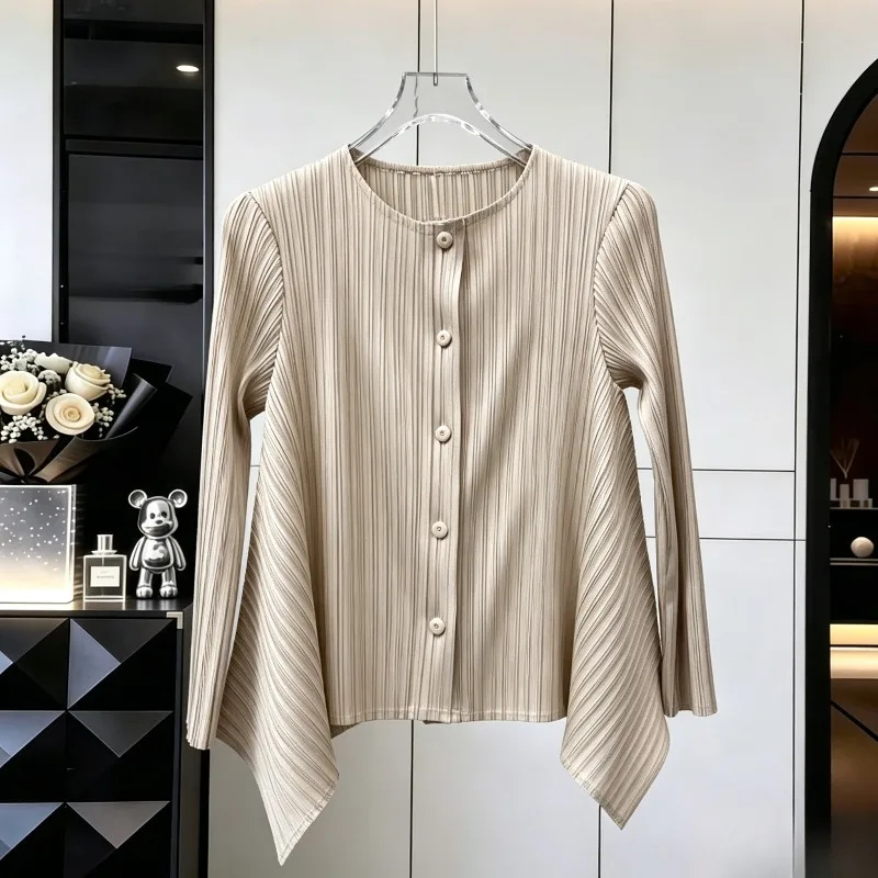 Miyake Pleated Shirt 2026 Autumn New Round Neck Long Sleeve Fashion Elegant Single-Breasted Women's Top Irregular Hem T-Shirt