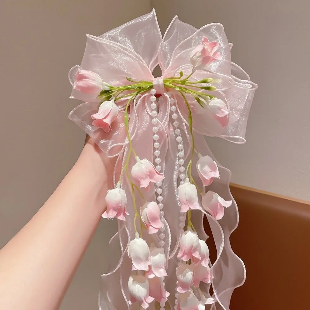 Lolita Sweet Fairy Flower Hair Clip Long Ribbon Mesh Lace Bow Duckbill Clip Headpieces Tassel Flower Hairpin Party