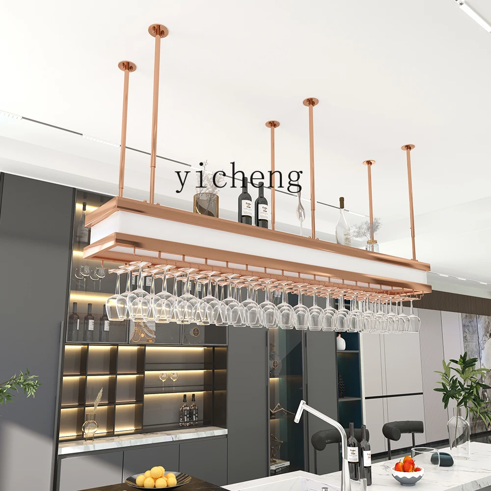 YFY  high-end bar wine glass rack hanging creative luminous wine rack bar counter upside down restaurant stainless steel