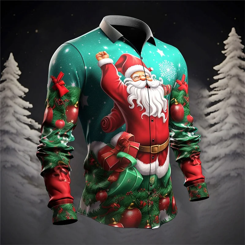 Santa Claus Casual Men\'s Button Shirt Long Sleeve Party Evening Autumn Winter Spring Summer Shirt Collar Button 3D Printing Thin