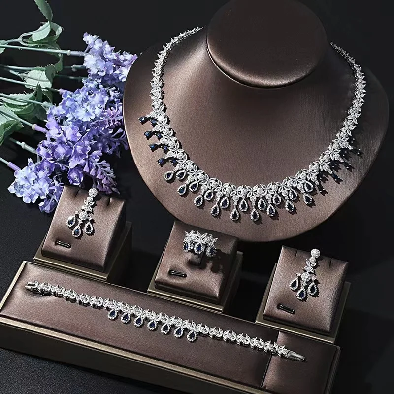 

EYER Bridal Wedding Jewelry Sets High Quality Women Party Banquet 4pcs Water Drop Blue Stone Necklace Earring Bracelet Ring Sets