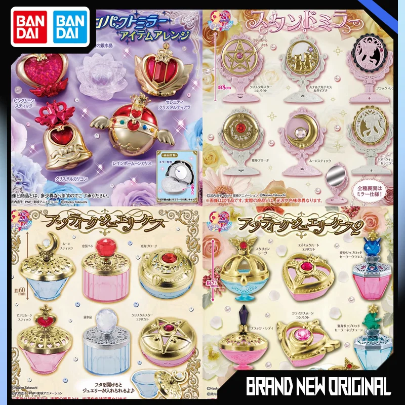BANDAI Sailor Moon Action Figures Model Tsukino Usagi Gashapon Transformation Mirror Box Przenośne mini lusterko do makijażu Pudełko na biżuterię
