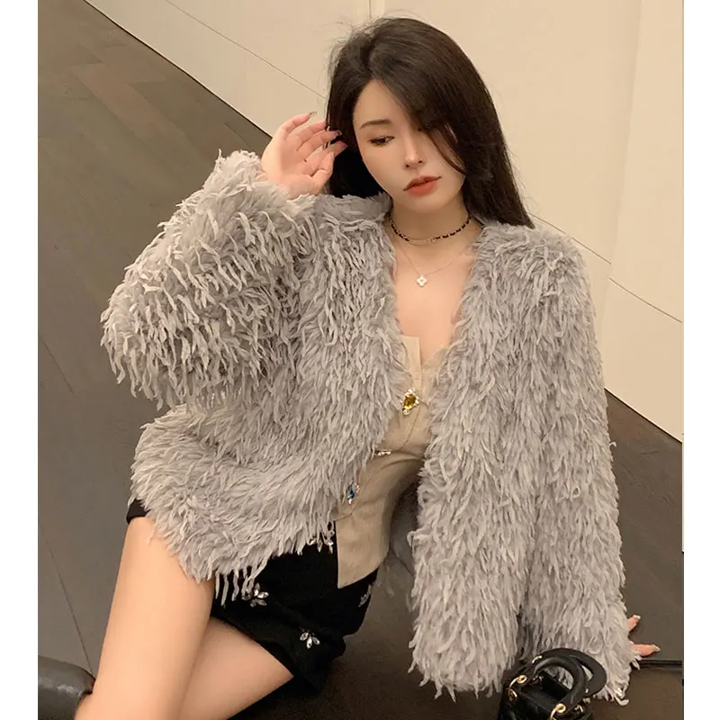 AutumnFaux Fox Fur Woman Coat Fashion Winter Feather Tassel Cardigan Fleece Short Jacket Coat Sexy Party Club Outfit Overcoat