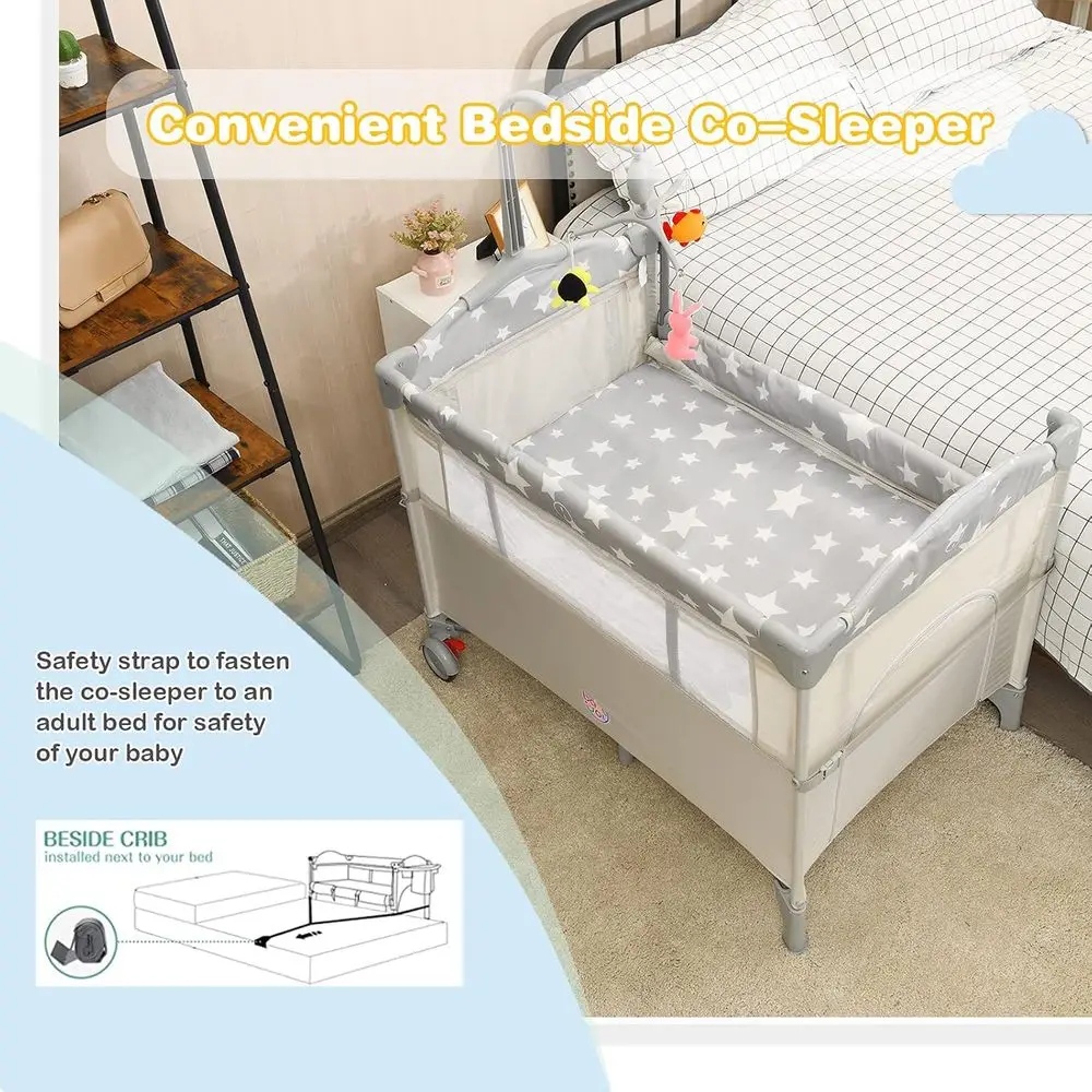 5-in-1 draagbare speeltuin met wieg, commode, opbergruimte, speelgoedboog en muziekdoos (beige)