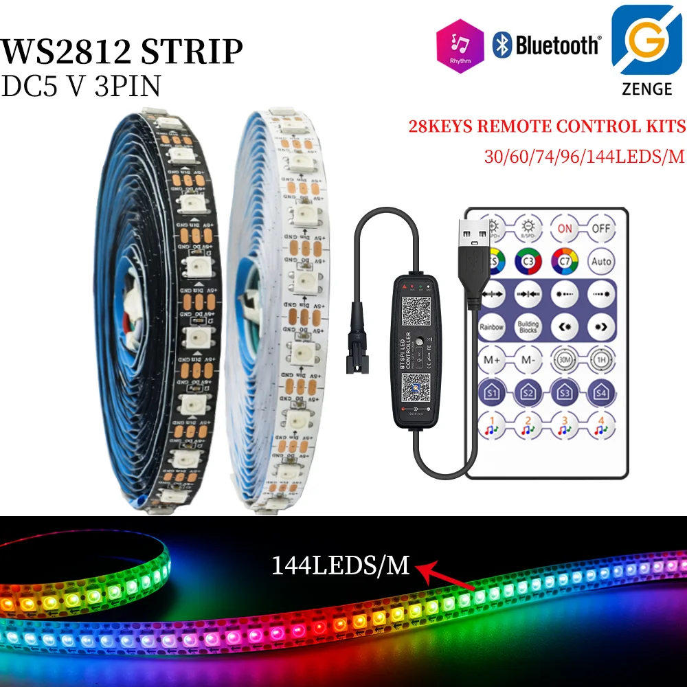 WS2812 RGBIC LED Strip Light WS2812B 5050SMD 28keys Remote Control Kit USB Flexible Led Lamp 30/60/74/96/144LEDS/M lighting Tape