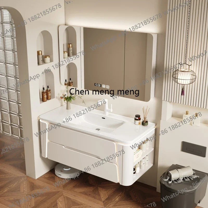 Modern Mirror Bathroom Cabinet Ceramic Integrated Basin Wash Cabinet Combined Intelligent Sensor Light Badschrank Furniture