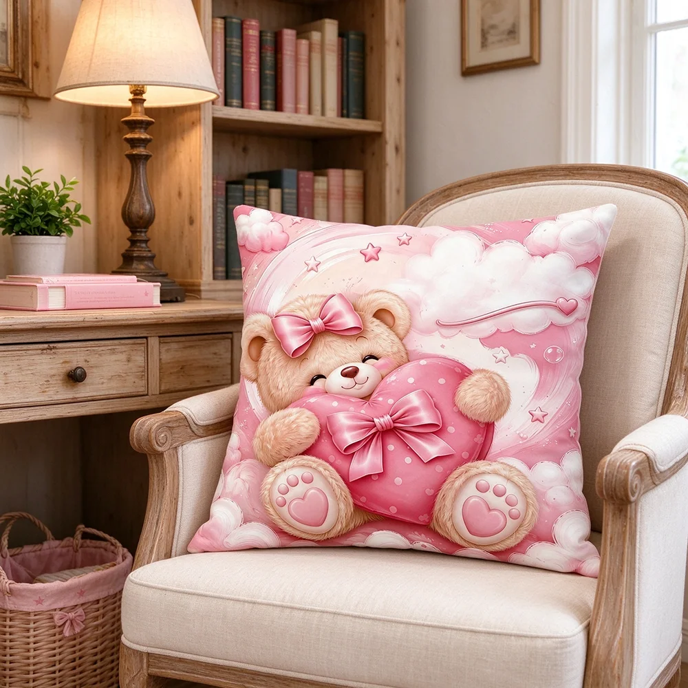 1PC Customized personalized name pink bow teddy bear pillow, decorative cushion, sweet clouds, love stars, cute teddy bear