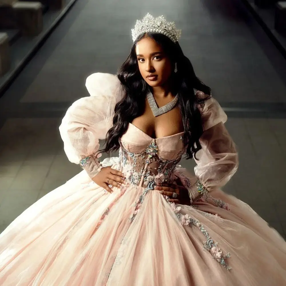 فستان FURSTENBERG Quinceeneara للفتيات السود بأكمام طويلة وطول الأرض فساتين حفلات الزهور 15 Anos Vestido مخصص #4