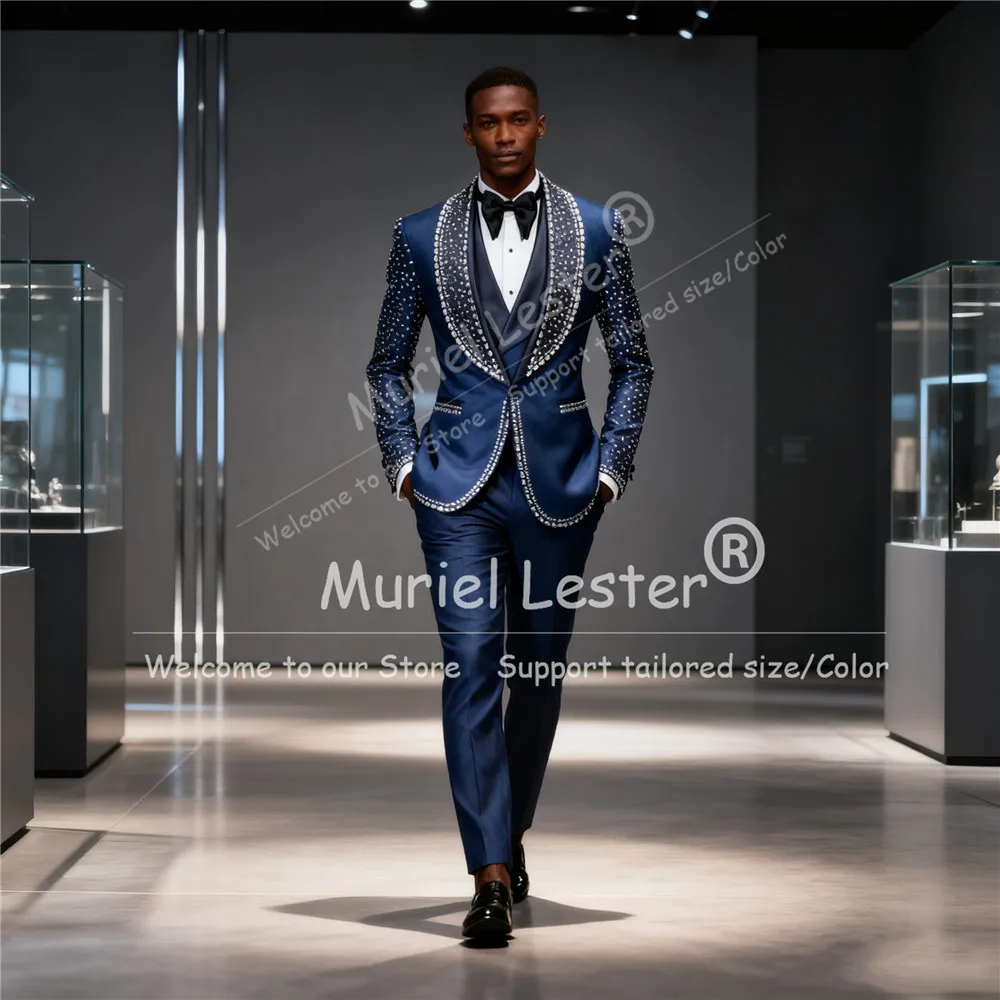 

Роскошные мужские костюмы с камнями из бисера для свадьбы, приталенные пиджаки с шалью и лацканами для выпускного вечера, индивидуальные смокинги для жениха из 3 предметов, Ropa Hombre 2026