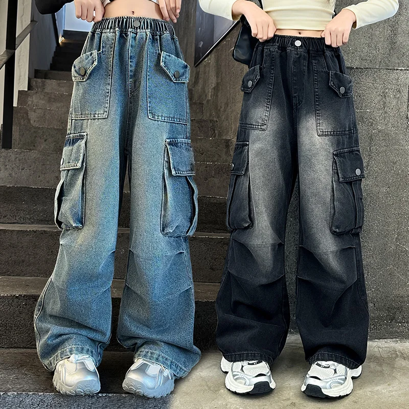 

Kids Vintage Distressed Jeans with Pocket For Girls Y2K Fashion High Street Denim Pants Teens Child Baggy Cargo Jeans Trousers