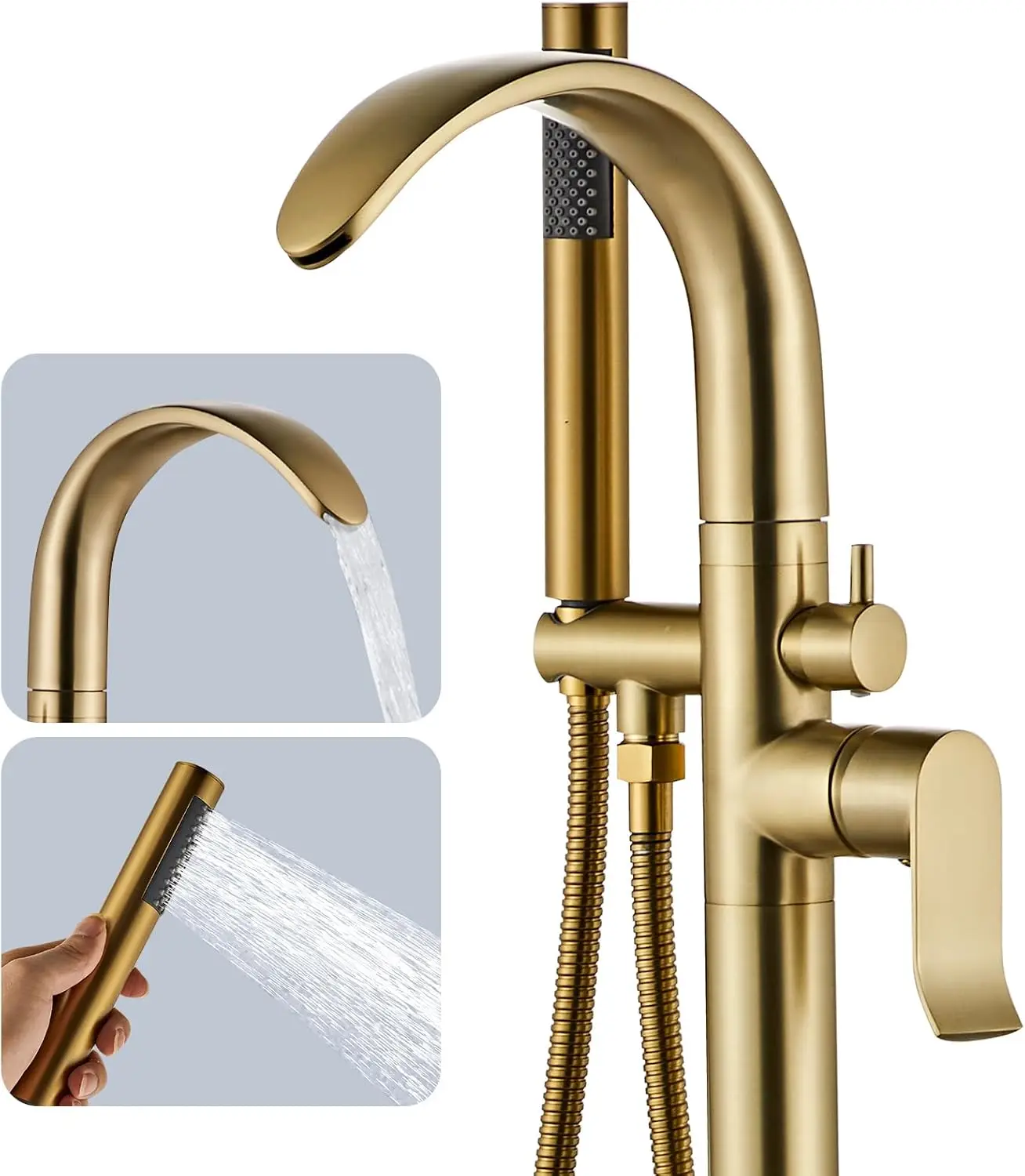 

Freestanding Stand Alone Bathtub Tub Faucets, Brushed Gold Bathroom Foot Shower Set with tub spout 2 Handles ducha para baño, Tu