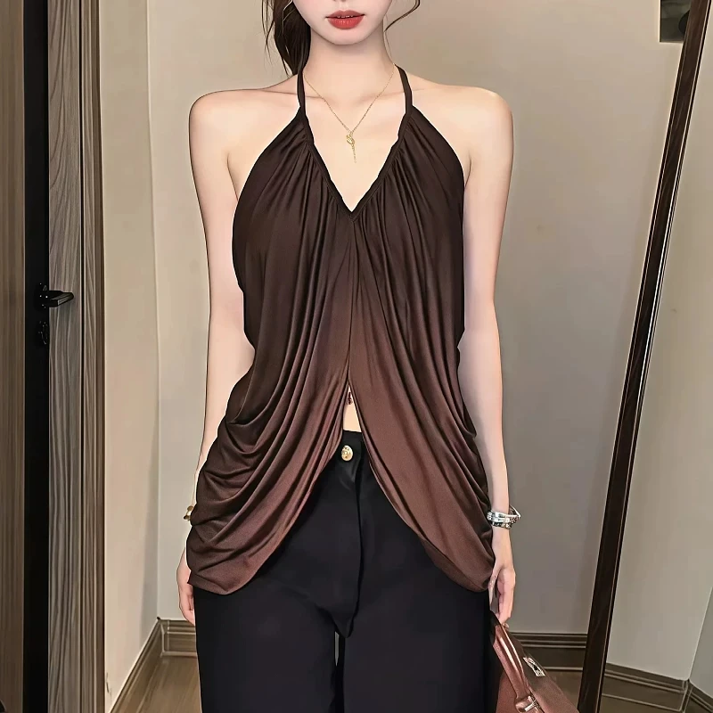 Women Brown Satin Halter Cami Top Deep V Neck Ruched Split Front Slim Sleeveless Chic Elegant Party Clubwear Tank Blouse Y2K2026
