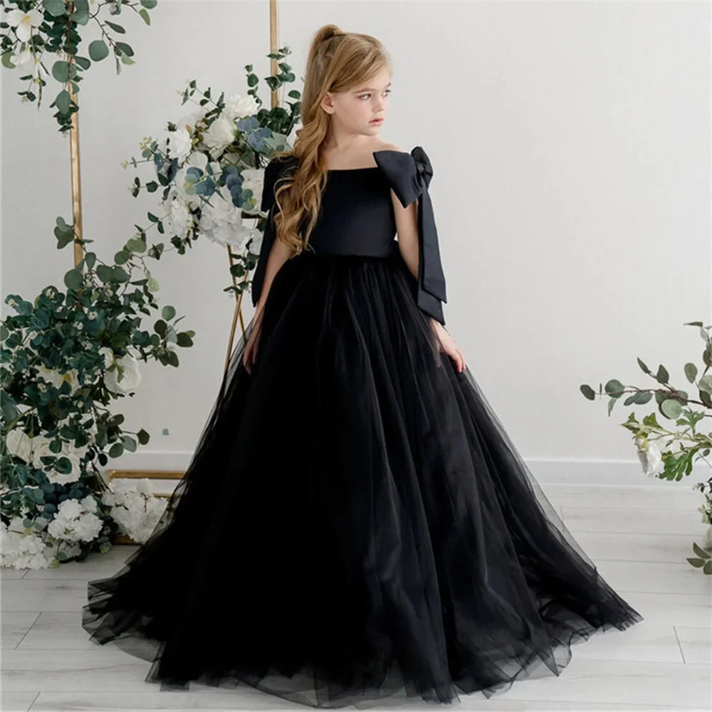 

Classic Off The Shoulder Bow Pleat Tulle Flower Girl Dress A Line Floor Length Long Ball First Communion Dress Customized 2025