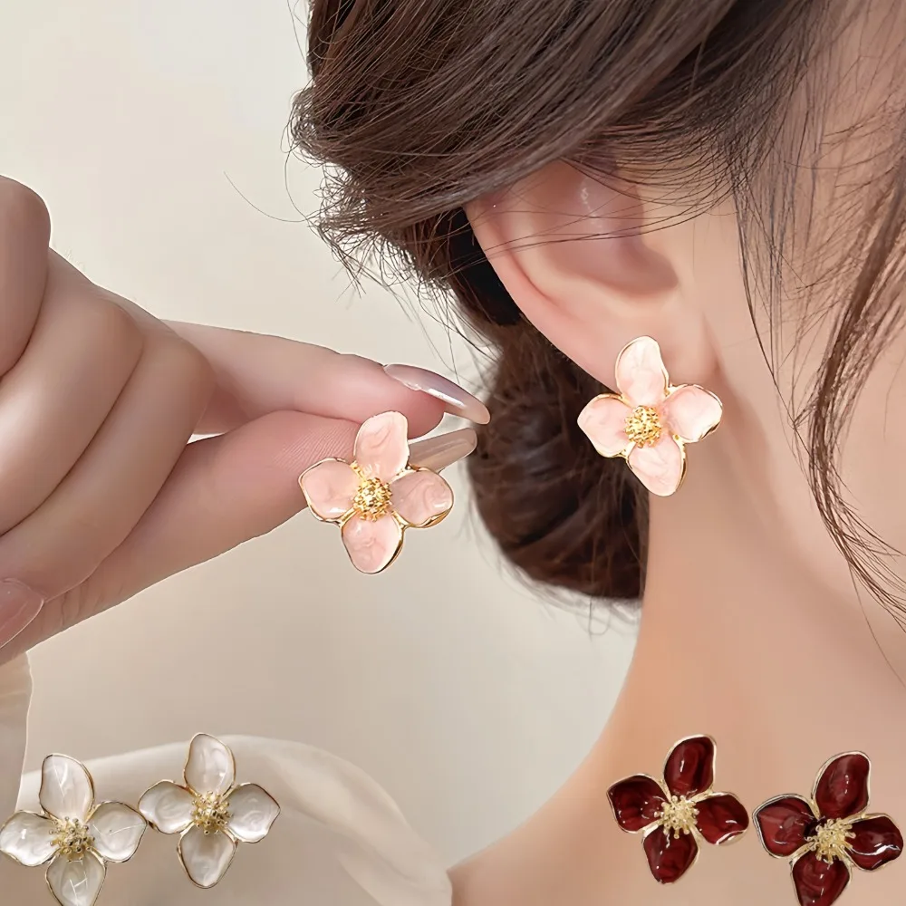Hibiscus Dropped Glaze Flower Stud Earrings for Women Girl French Ins Vintage 2025 Fashion Korean Wedding Romantic Jewelry Gifts