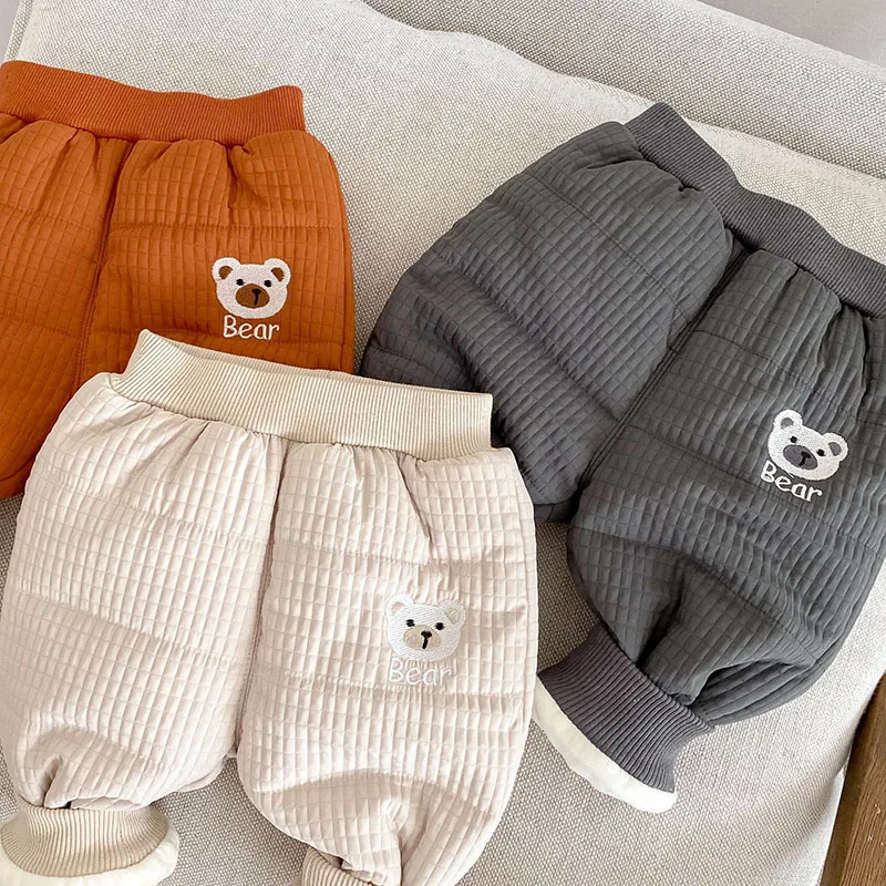 MILANCEL New Winter Kids Sweatpants Girls Cute Lattice Bear Fleece Padded Trousers Children Fashion Warm Pants