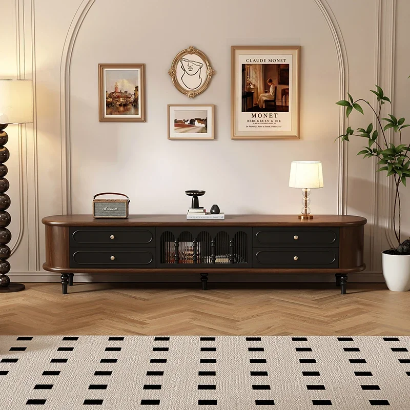 

French retro solid wood TV cabinet black American living room coffee table TV cabinet combination floor locker storage