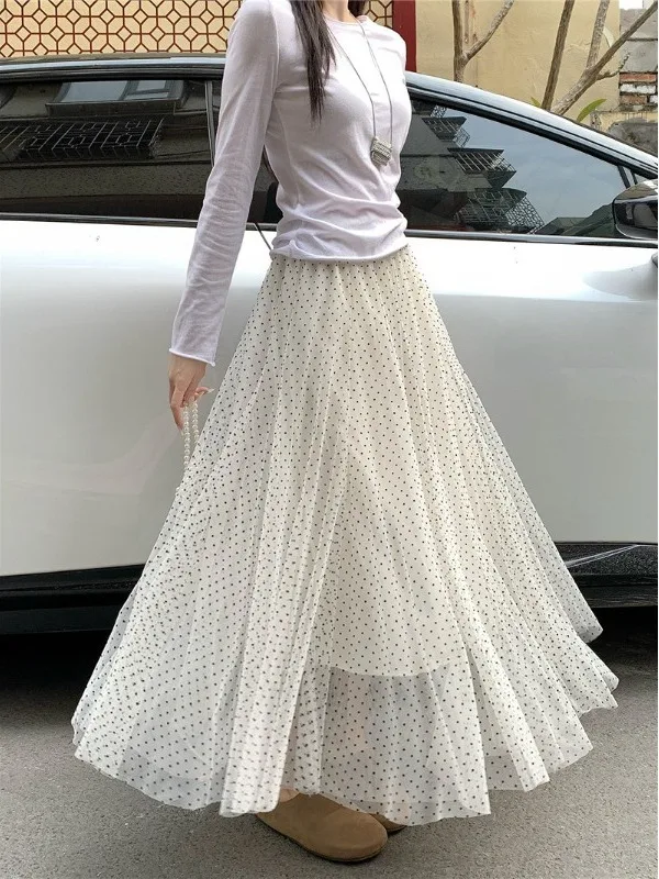 

plus Size Polka Dot Mesh A-Line Skirt Spring Summer New Korean Style Loose Slimming High Waist Midi Skirt for plus Size Women