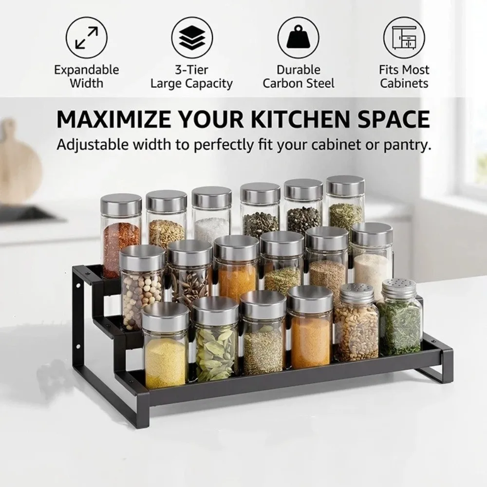 

3-Tier Retractable Spice Jars Rack Carbon Steel Slip-Resistant Metal Display Rack Adjustable Telescopic Kitchen Spice Organizer