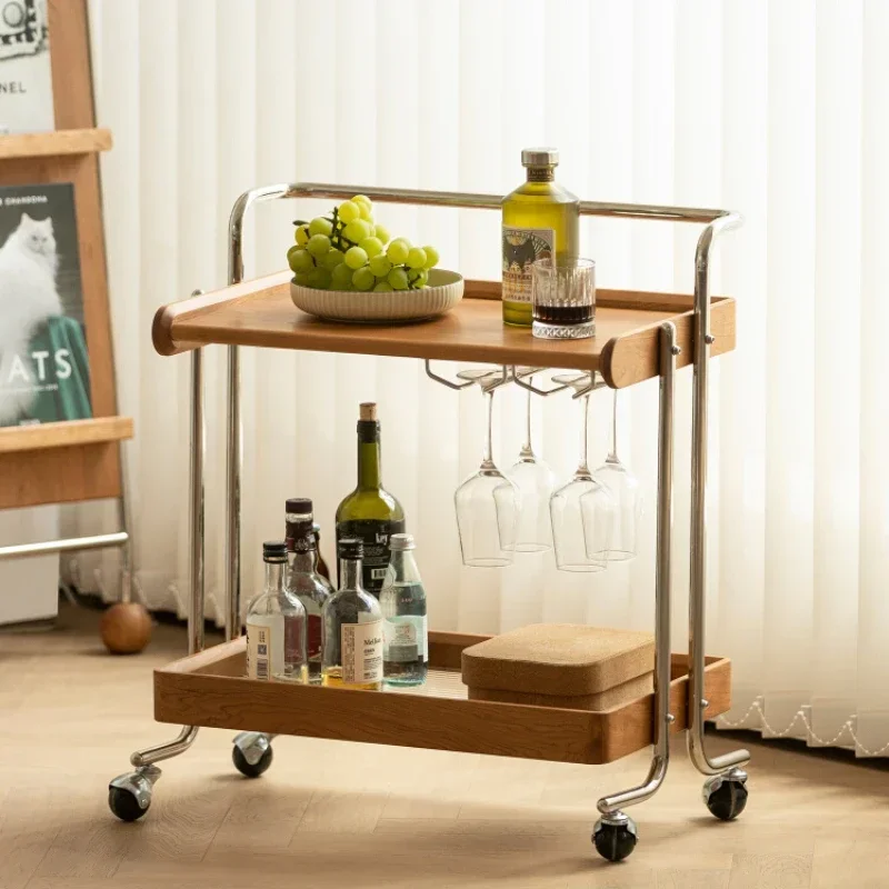 Trolley with solid wood edges, living room coffee table, sofa, mobile cart, cherry wood shelf.