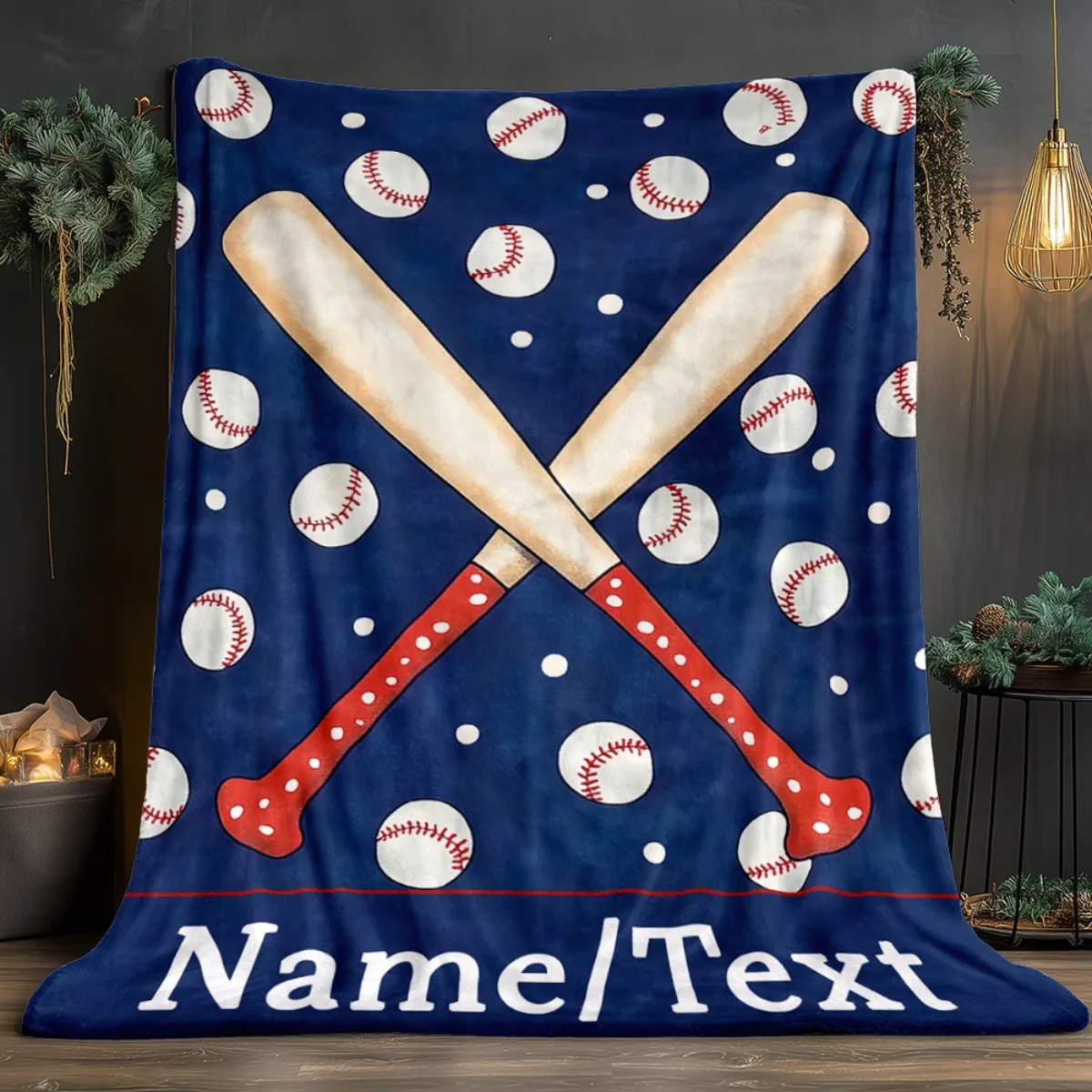 Custom Baseball Fleece Blanket Personalized Name Text Bat and Ball Print Throw Soft Warm All Season Bedding Gift for Sports Fans